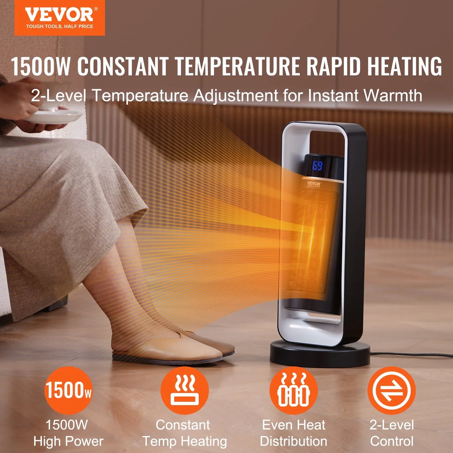 VEVOR Electric Space Heater with Thermostat Remote Control, 1000W/1500W 2-Level 