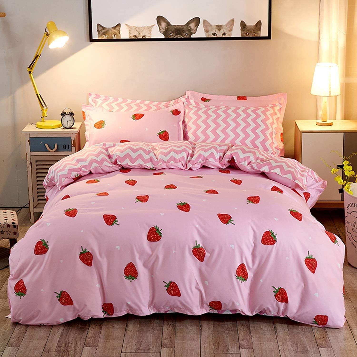 Children's and Girls' Bedding Set, with 2 Pillowcases, Tropical Fruit Pattern, Microfiber, with Zipper, 3 Pieces, Pink and Red