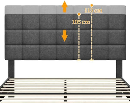 Bed 140 X 200 Cm With Square Headboard, Adjustable Height, Wooden Slats, Dark Gray