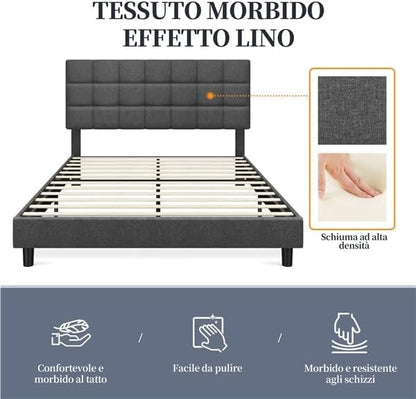 Bed 140 X 200 Cm With Square Headboard, Adjustable Height, Wooden Slats, Dark Gray