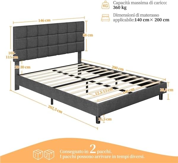 Bed 140 X 200 Cm With Square Headboard, Adjustable Height, Wooden Slats, Dark Gray