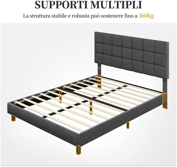 Bed 140 X 200 Cm With Square Headboard, Adjustable Height, Wooden Slats, Dark Gray