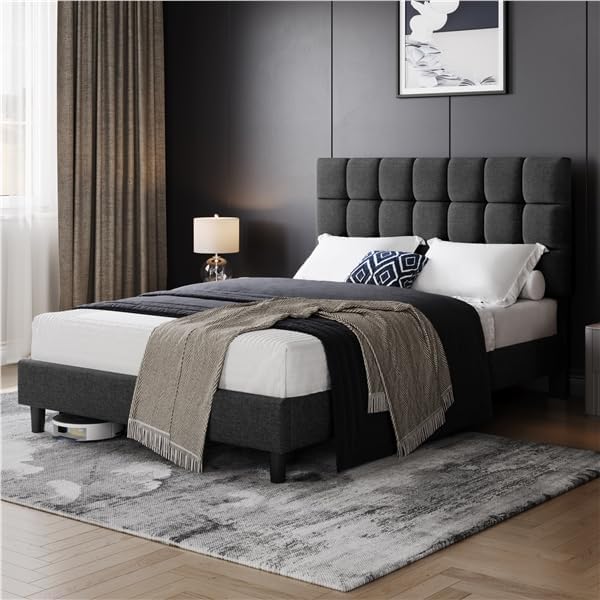 Bed 140 X 200 Cm With Square Headboard, Adjustable Height, Wooden Slats, Dark Gray