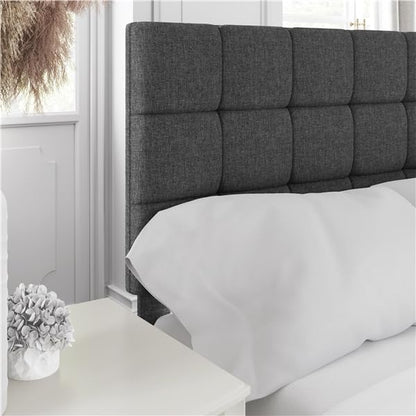 Bed 140 X 200 Cm With Square Headboard, Adjustable Height, Wooden Slats, Dark Gray