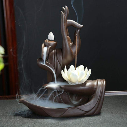 Handmade Reflux Incense Burner, Lotus/Monk Shape with 10 Reflux Incense Cones, Lotus Home Decoration