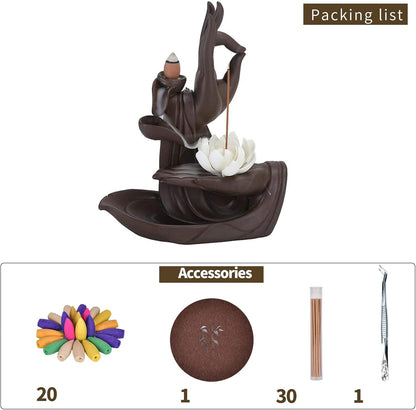 Handmade Reflux Incense Burner, Lotus/Monk Shape with 10 Reflux Incense Cones, Lotus Home Decoration