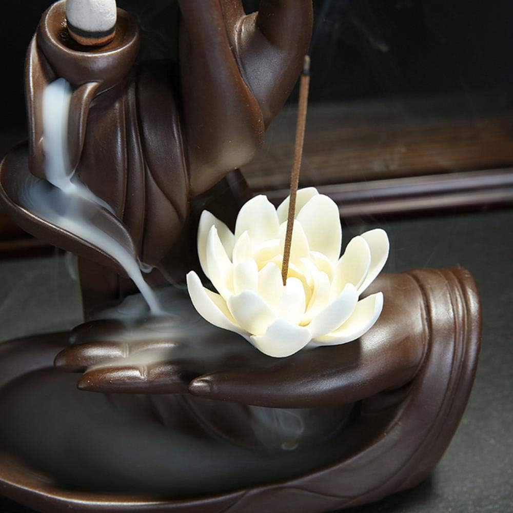 Handmade Reflux Incense Burner, Lotus/Monk Shape with 10 Reflux Incense Cones, Lotus Home Decoration