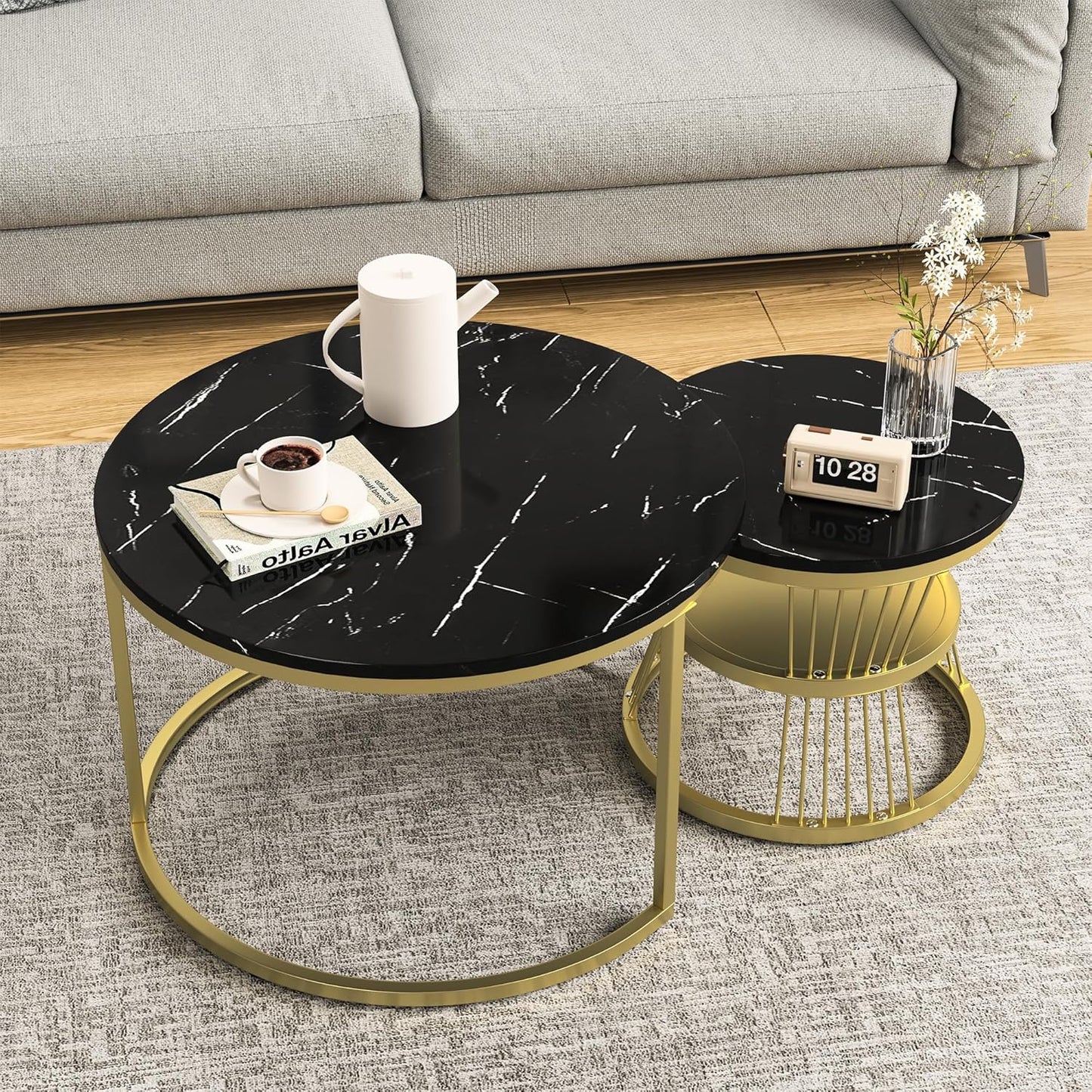 Set of 2 Round Tables with Marble Veneer