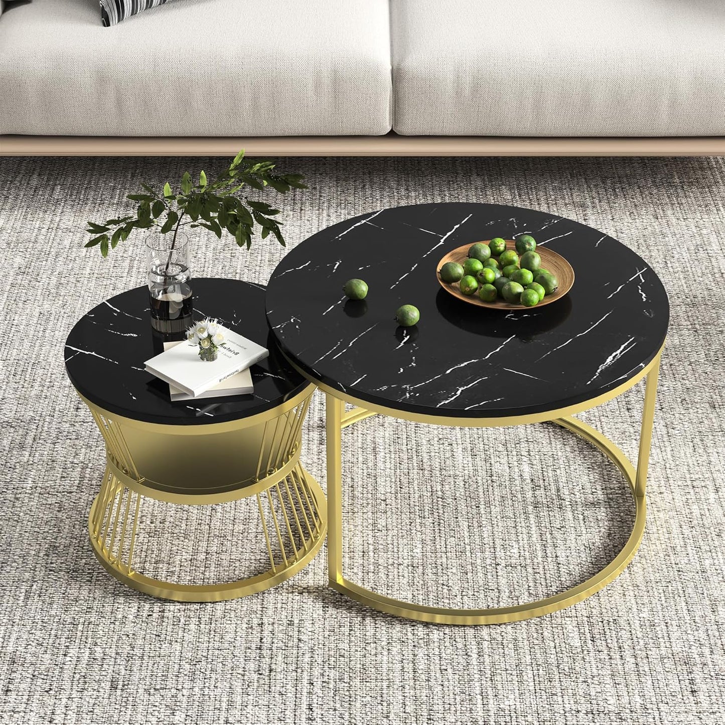 Set of 2 Round Tables with Marble Veneer