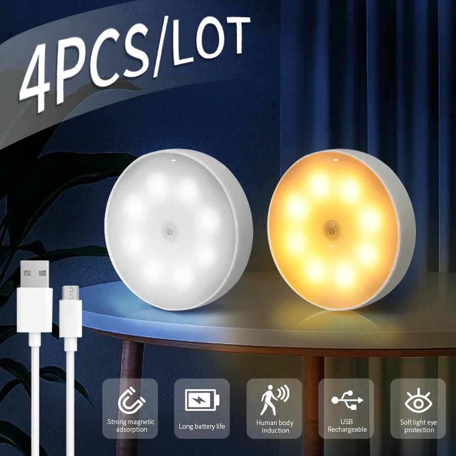 4Pcs USB Rechargeable Motion Sensor LED Night 