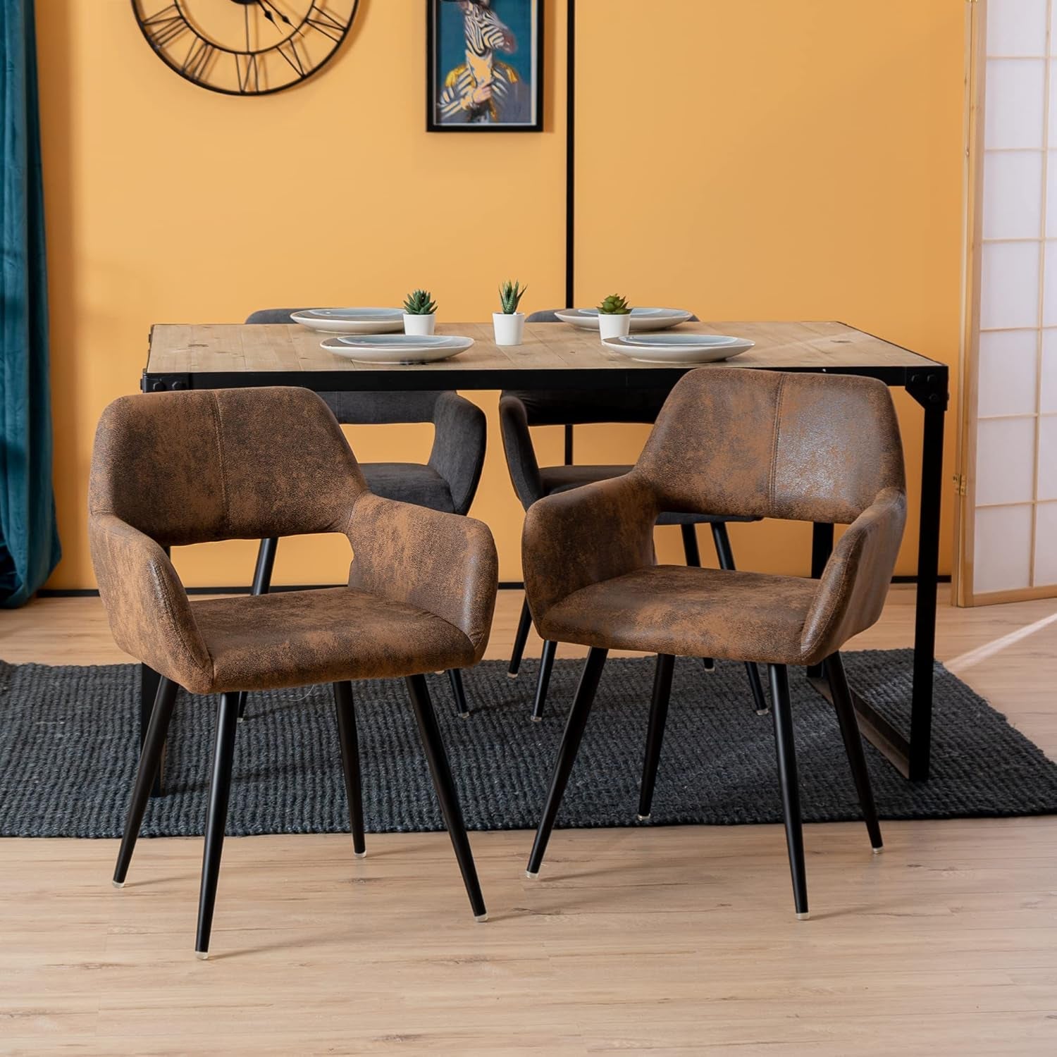 Set of 2 Vintage Dining Chairs, Upholstered with Backrest and Armrests in Suede Leather